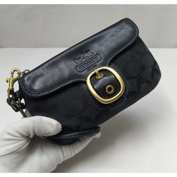 Coach Bleecker Black Canvas Leather Trim Signature Buckle Flap Closure Wristlet - Picture 3 of 16
